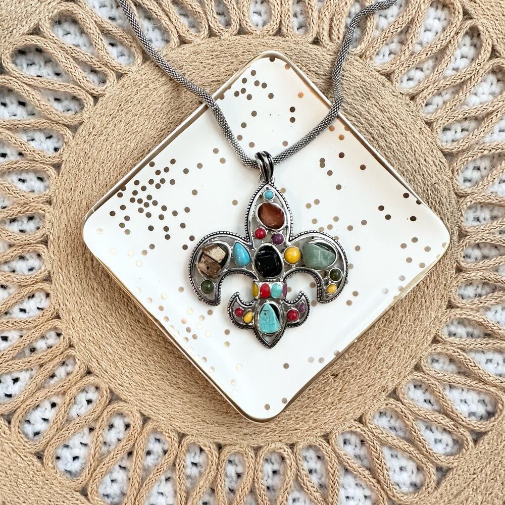 Silver Tone Large Fleur De Lis Pendant Necklace Mixed Color Turquoise Stones Box